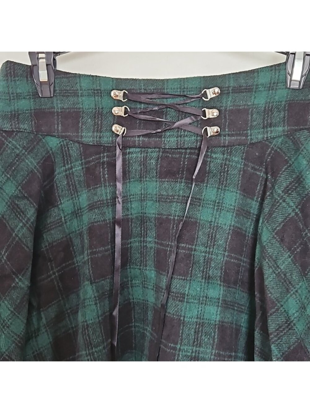 Green Plaid Mini Skirt w/Lace-Up Tie- S - Picture 2 of 7